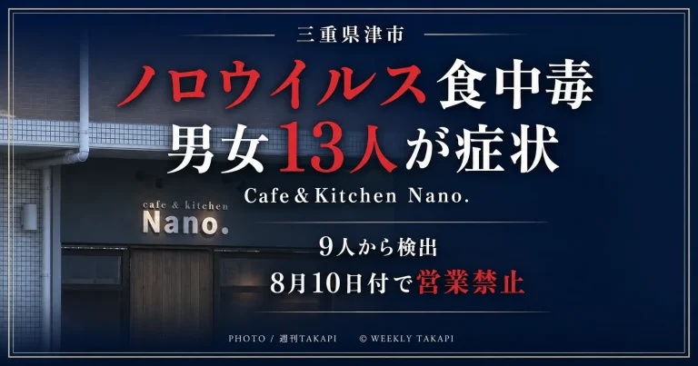 三重県津市江戸橋の「Cafe＆Kitchen Nano.」でノロウイルスによる食中毒が発生し、男女13人が症状を訴え、営業禁止処分が出されたことを伝える週刊TAKAPIの報道アイキャッチ