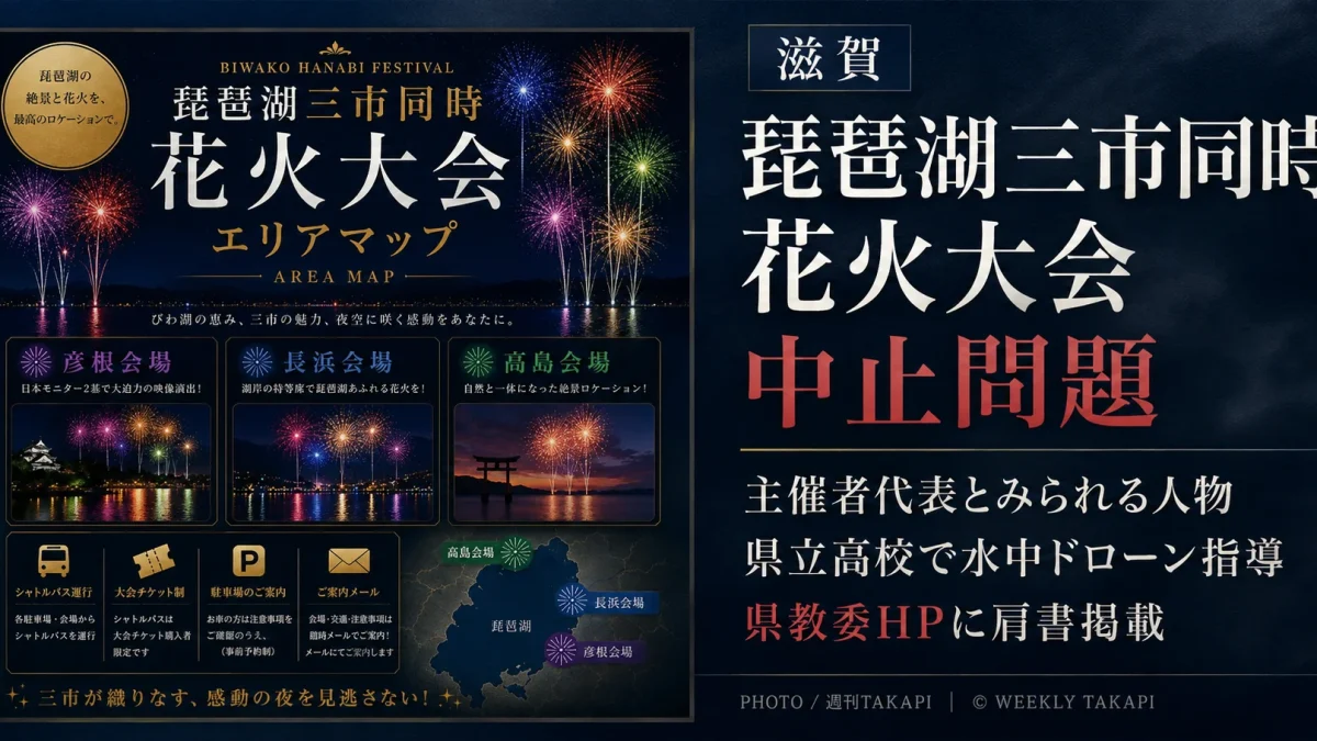 中止となった「琵琶湖三市同時花火大会」の主催者代表とみられる人物が滋賀県立高校で水中ドローンを指導していた問題を伝える週刊TAKAPIの報道アイキャッチ