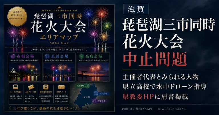 中止となった「琵琶湖三市同時花火大会」の主催者代表とみられる人物が滋賀県立高校で水中ドローンを指導していた問題を伝える週刊TAKAPIの報道アイキャッチ