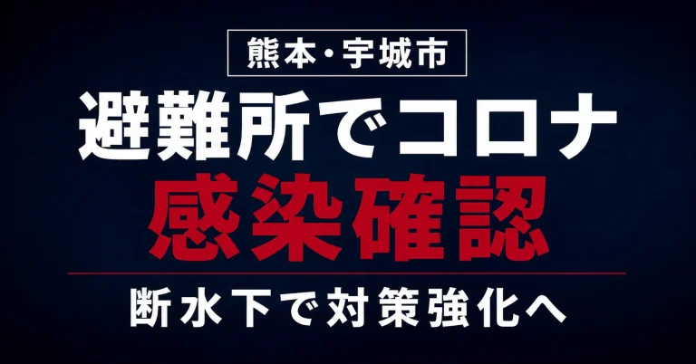 令和8年熊本地震の影響で断水が続く熊本県宇城市の避難所で、70代女性の新型コロナ感染が確認され、市が保健師派遣や福祉避難所への移管など感染対策を強化したことを伝える報道用アイキャッチ