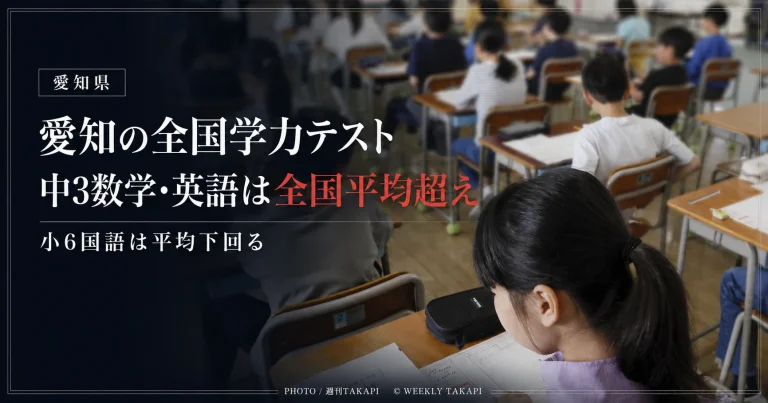 2026年度全国学力テストで、愛知県の中学3年生は数学と英語が全国平均を上回り、小学6年生の国語は全国平均を下回ったことを伝える教育ニュースのアイキャッチ