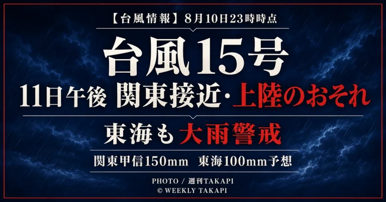 台風15号が2026年8月11日午後に関東甲信へ接近・上陸するおそれがあり、東海地方でも大雨への警戒が必要なことを伝える週刊TAKAPIの気象報道アイキャッチ