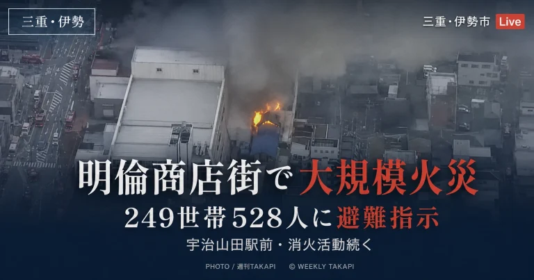 三重県伊勢市の宇治山田駅前にある明倫商店街で大規模火災が発生し249世帯528人に避難指示が出されたことを伝える週刊TAKAPIアイキャッチ