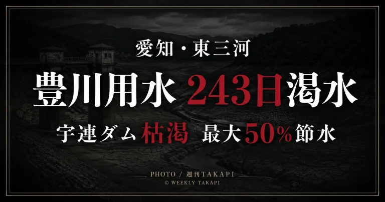 愛知県東三河の豊川用水で243日間続いた渇水と宇連ダム枯渇、最大50％節水を伝えるニュース画像
