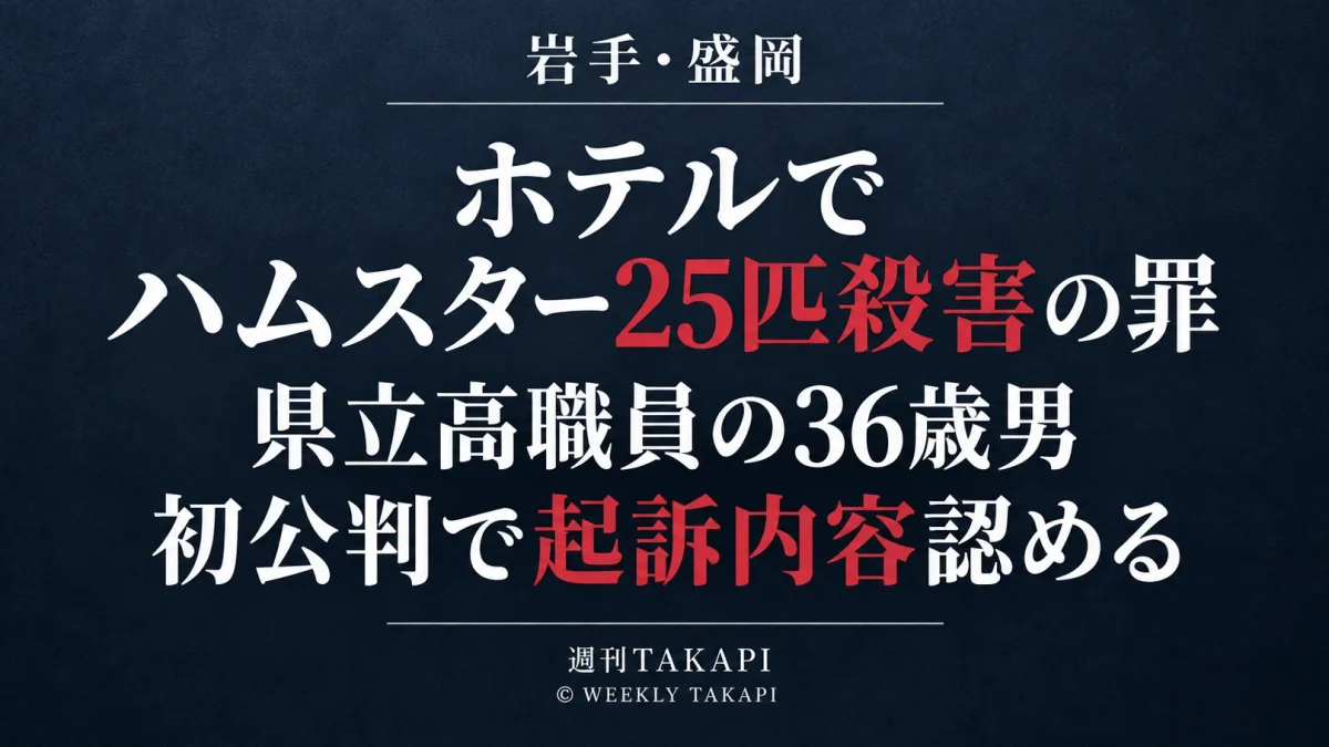 盛岡地裁でハムスター25匹を殺害した罪に問われた県立高校職員の36歳男が初公判で起訴内容を認めた裁判を伝える報道画像
