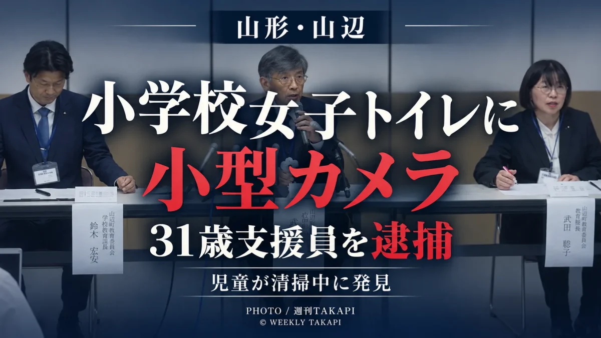 山形県山辺町の小学校女子トイレに小型カメラを設置した疑いで31歳の教員業務支援員が逮捕された事件を伝える週刊TAKAPIの報道アイキャッチ