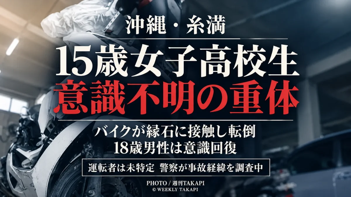 沖縄県糸満市で発生したバイク転倒事故で15歳女子高校生が意識不明の重体となっていることを伝える週刊TAKAPIのニュースアイキャッチ