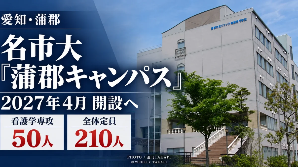 愛知県蒲郡市で2027年4月に開設予定の名古屋市立大学「蒲郡キャンパス」について、看護学専攻の定員50人、専攻全体210人となる計画を伝える週刊TAKAPIの報道アイキャッチ
