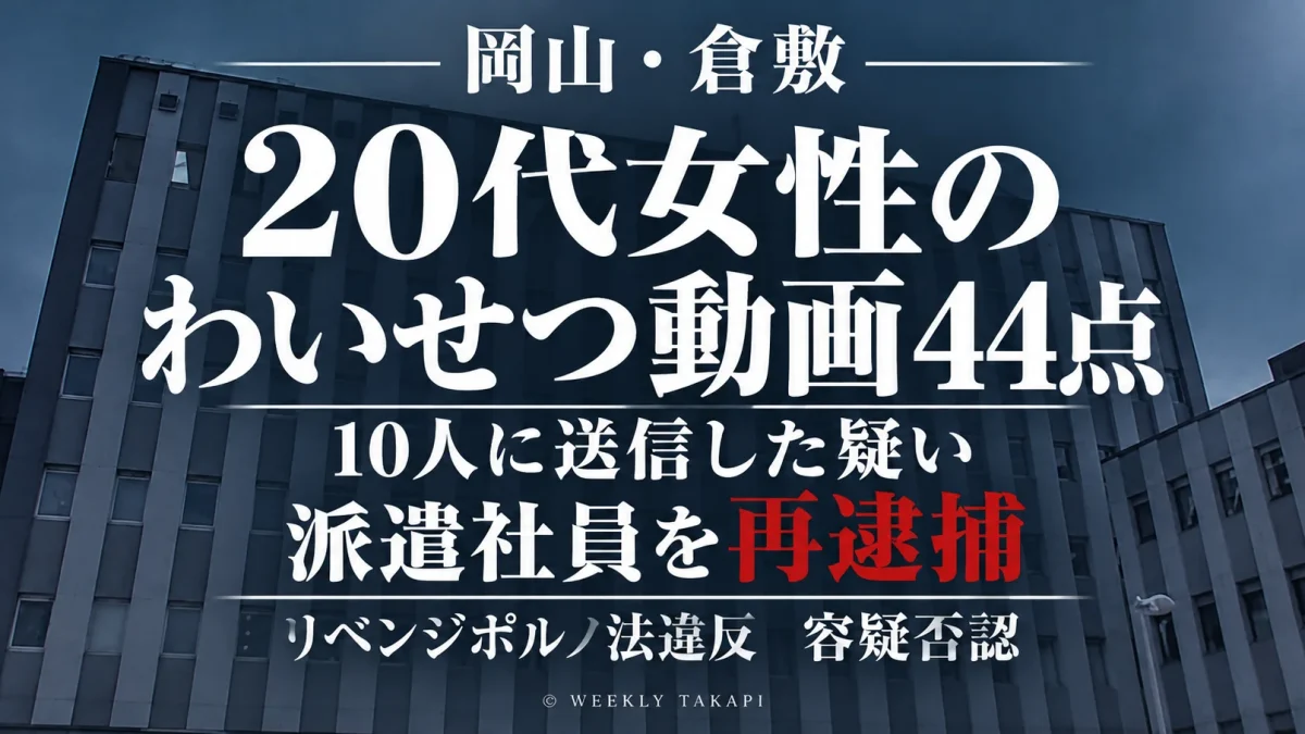 岡山県倉敷市の派遣社員の男が20代女性のわいせつ動画44点を本人の承諾なく送信した疑いで再逮捕された事件を伝える週刊TAKAPIの報道アイキャッチ