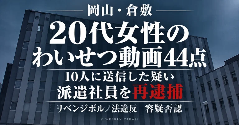 岡山県倉敷市の派遣社員の男が20代女性のわいせつ動画44点を本人の承諾なく送信した疑いで再逮捕された事件を伝える週刊TAKAPIの報道アイキャッチ
