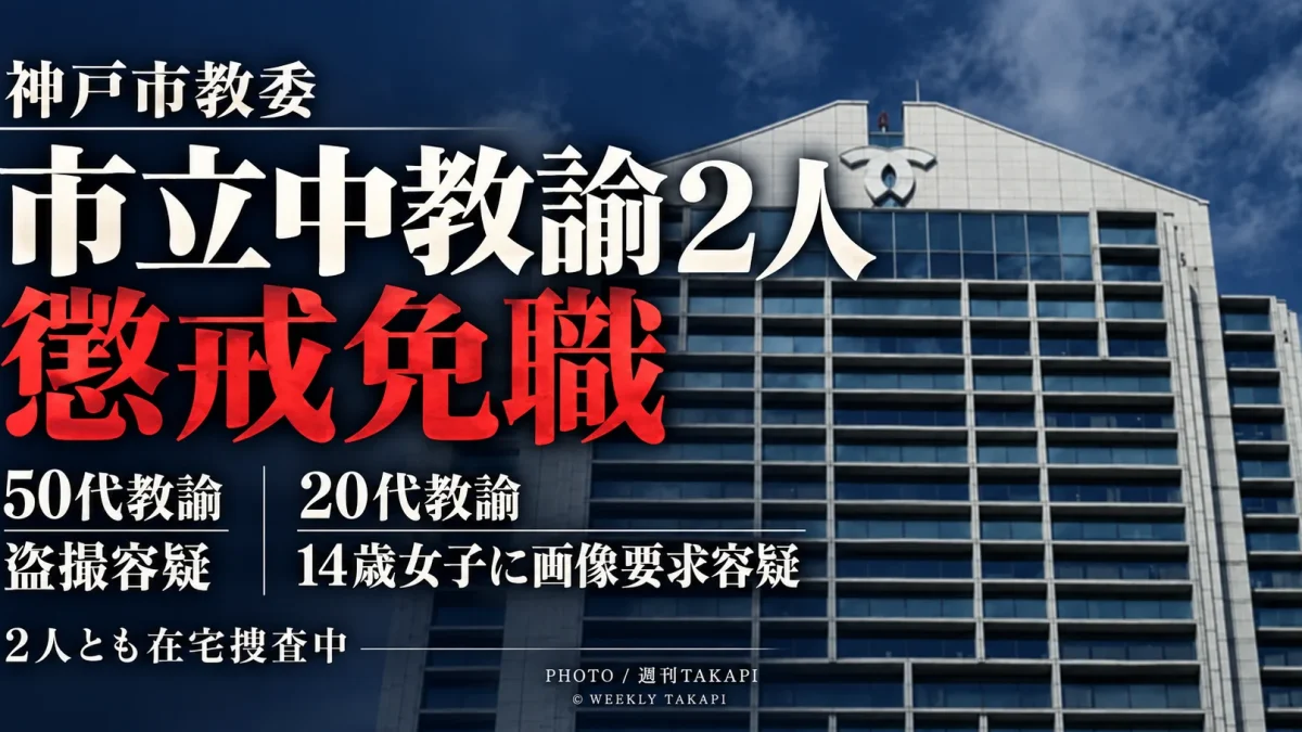 神戸市教育委員会が別々の市立中学校に勤務する男性教諭2人を懲戒免職としたことを伝える週刊TAKAPIの報道アイキャッチ