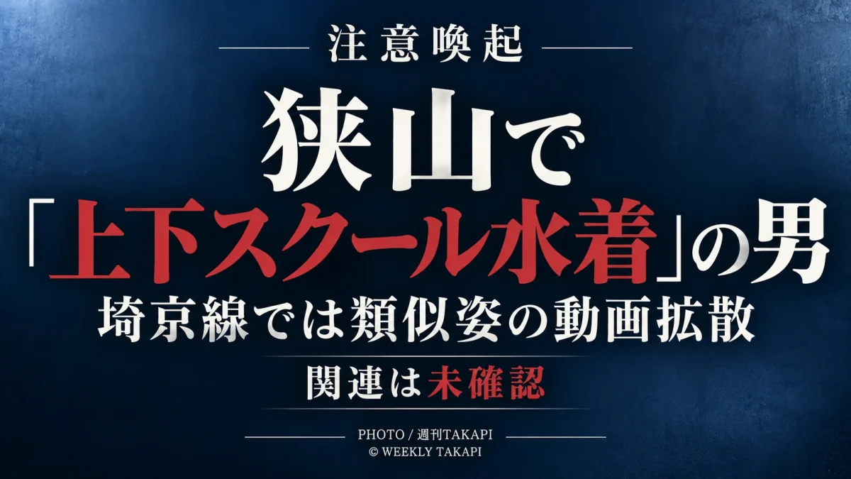 埼玉県狭山市の公園で、上下スクール水着姿の男に女子中学生が立ちふさがれたとの不審者情報を伝える注意喚起イメージ