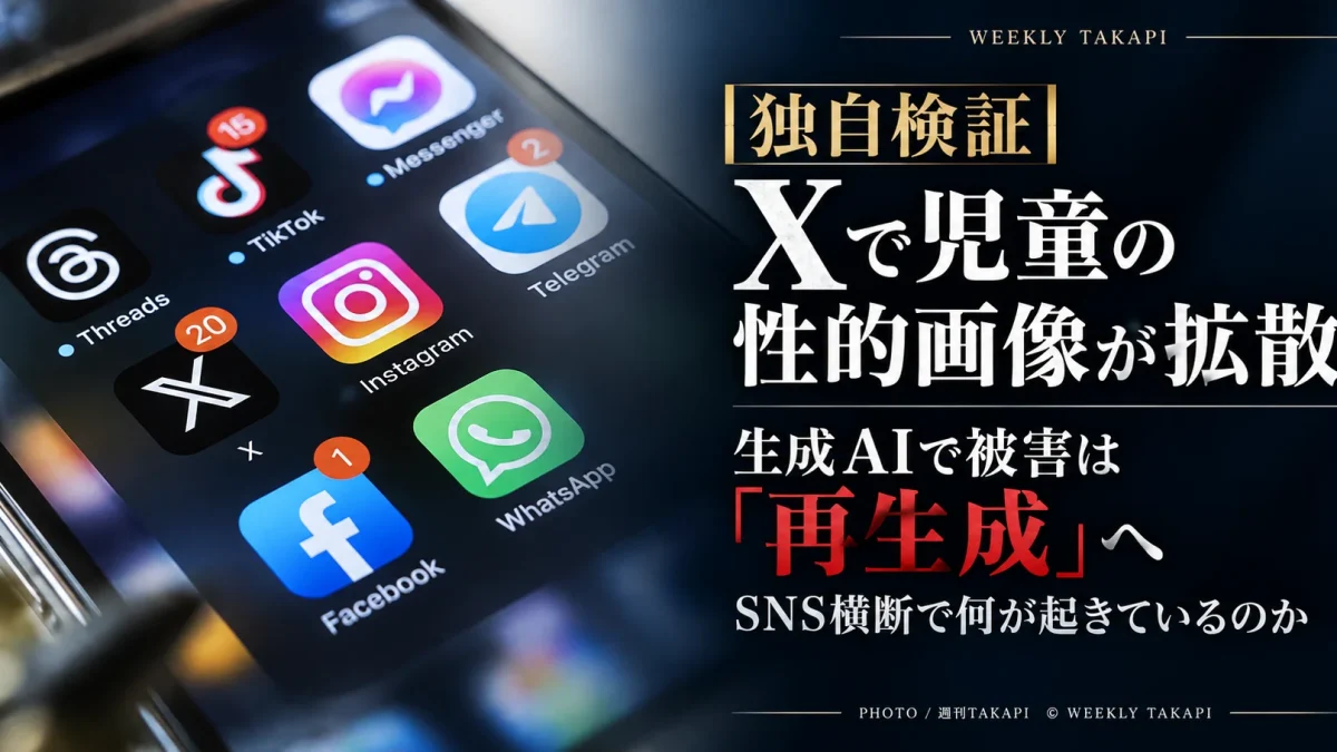 X上での児童の性的画像拡散と、生成AIによる性的ディープフェイク、SNS横断の児童性的搾取問題を検証する週刊TAKAPIの報道アイキャッチ