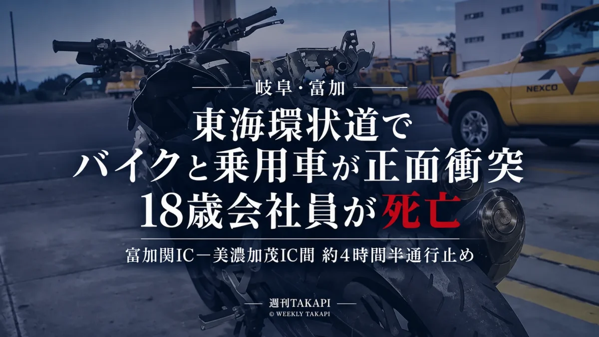 岐阜県富加町の東海環状自動車道で中型バイクと乗用車が正面衝突し、18歳会社員男性が死亡した事故を伝える報道画像