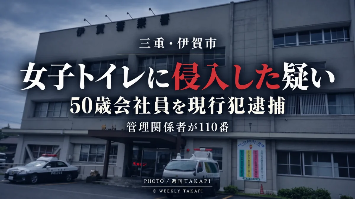 三重県伊賀市の複合施設で女子トイレに侵入した疑いで50歳会社員が現行犯逮捕された事件を伝える週刊TAKAPIの報道アイキャッチ