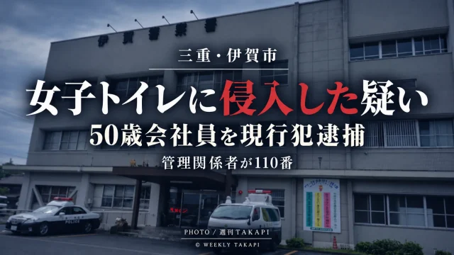 三重県伊賀市の複合施設で女子トイレに侵入した疑いで50歳会社員が現行犯逮捕された事件を伝える週刊TAKAPIの報道アイキャッチ