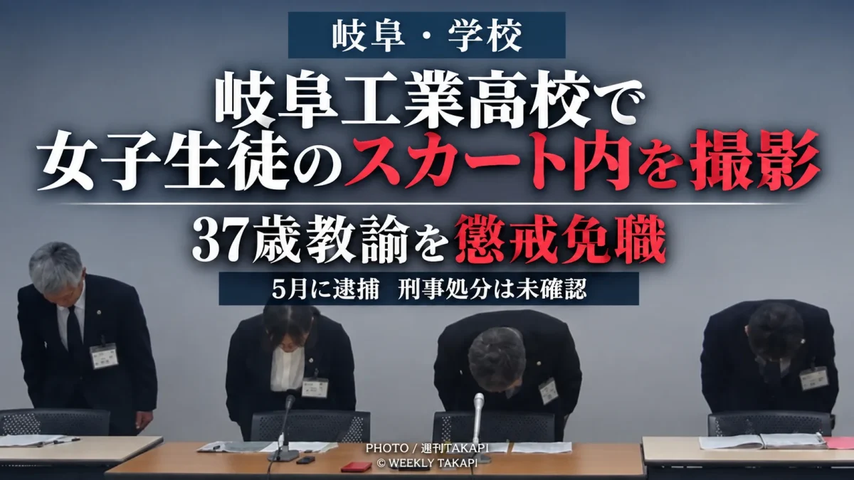 岐阜県立岐阜工業高校の37歳男性教諭が校内で女子生徒のスカート内を撮影し懲戒免職となった問題を伝える週刊TAKAPIの報道アイキャッチ