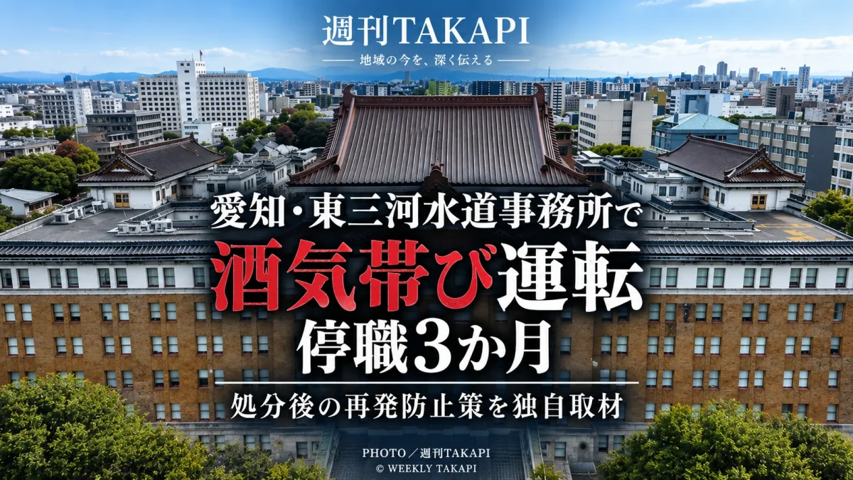 愛知県企業庁東三河水道事務所の職員による酒気帯び運転と停職3か月の処分後の再発防止策を伝える週刊TAKAPIの報道画像