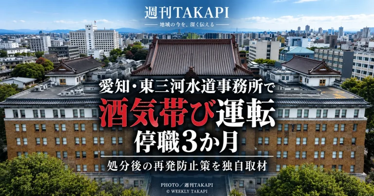 愛知県企業庁東三河水道事務所の職員による酒気帯び運転と停職3か月の処分後の再発防止策を伝える週刊TAKAPIの報道画像