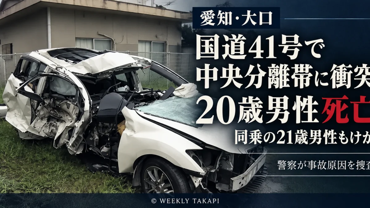 愛知県大口町外坪の国道41号で乗用車が中央分離帯に衝突し20歳男性が死亡、同乗の21歳男性もけがをした事故を伝える週刊TAKAPIの報道アイキャッチ