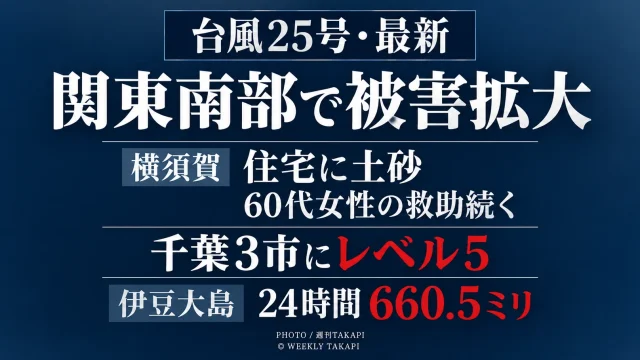 台風25号の影響で横須賀市の住宅に土砂が流入し60代女性の救助が続き、千葉県3市に警戒レベル5、伊豆大島で24時間660.5ミリを記録した状況を伝える週刊TAKAPIのアイキャッチ