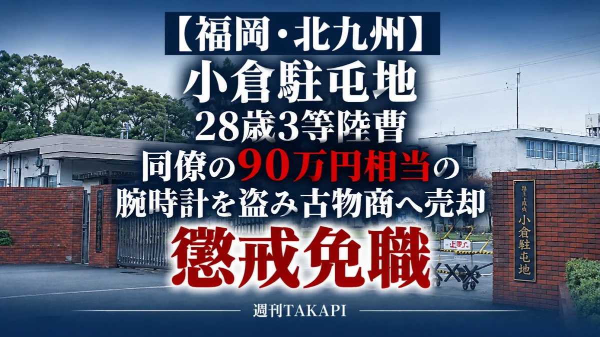 陸上自衛隊小倉駐屯地の28歳3等陸曹が同僚隊員の90万円相当の腕時計を盗み懲戒免職となった事案