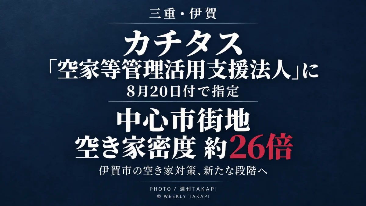 三重県伊賀市がカチタスを空家等管理活用支援法人に8月20日付で指定し、中心市街地の空き家密度が郊外の約26倍となっている課題を伝える週刊TAKAPIのアイキャッチ
