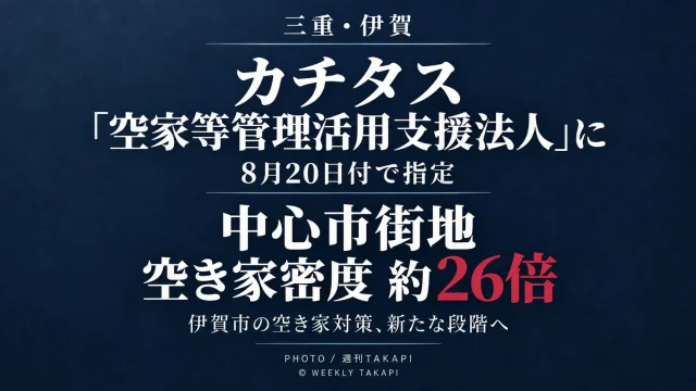 三重県伊賀市がカチタスを空家等管理活用支援法人に8月20日付で指定し、中心市街地の空き家密度が郊外の約26倍となっている課題を伝える週刊TAKAPIのアイキャッチ