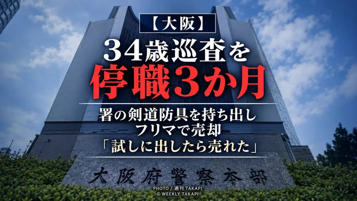 大阪府警の34歳男性巡査が勤務先警察署の剣道道場から面3個を持ち出しフリマサイトで売却したとして停職3か月となった事案