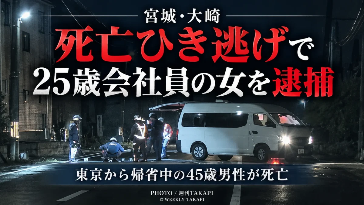 宮城県大崎市で45歳男性が死亡したひき逃げ事件で、25歳の会社員の女が逮捕されたことを伝える週刊TAKAPIのアイキャッチ
