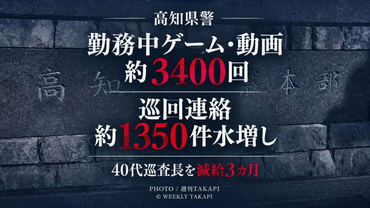 高知県警の40代男性巡査長が勤務中のゲームや動画約3400回と巡回連絡約1350件の水増しで減給3カ月となった処分を伝える週刊TAKAPIのアイキャッチ