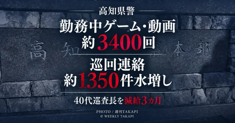 高知県警の40代男性巡査長が勤務中のゲームや動画約3400回と巡回連絡約1350件の水増しで減給3カ月となった処分を伝える週刊TAKAPIのアイキャッチ