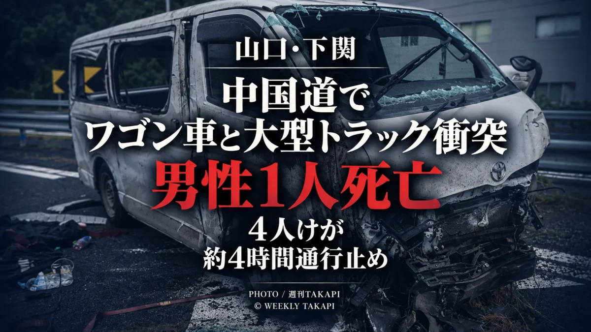山口県下関市の中国自動車道で大型トラックと衝突し、前部などが大きく損傷したワゴン車。男性1人が死亡し4人がけがをした事故