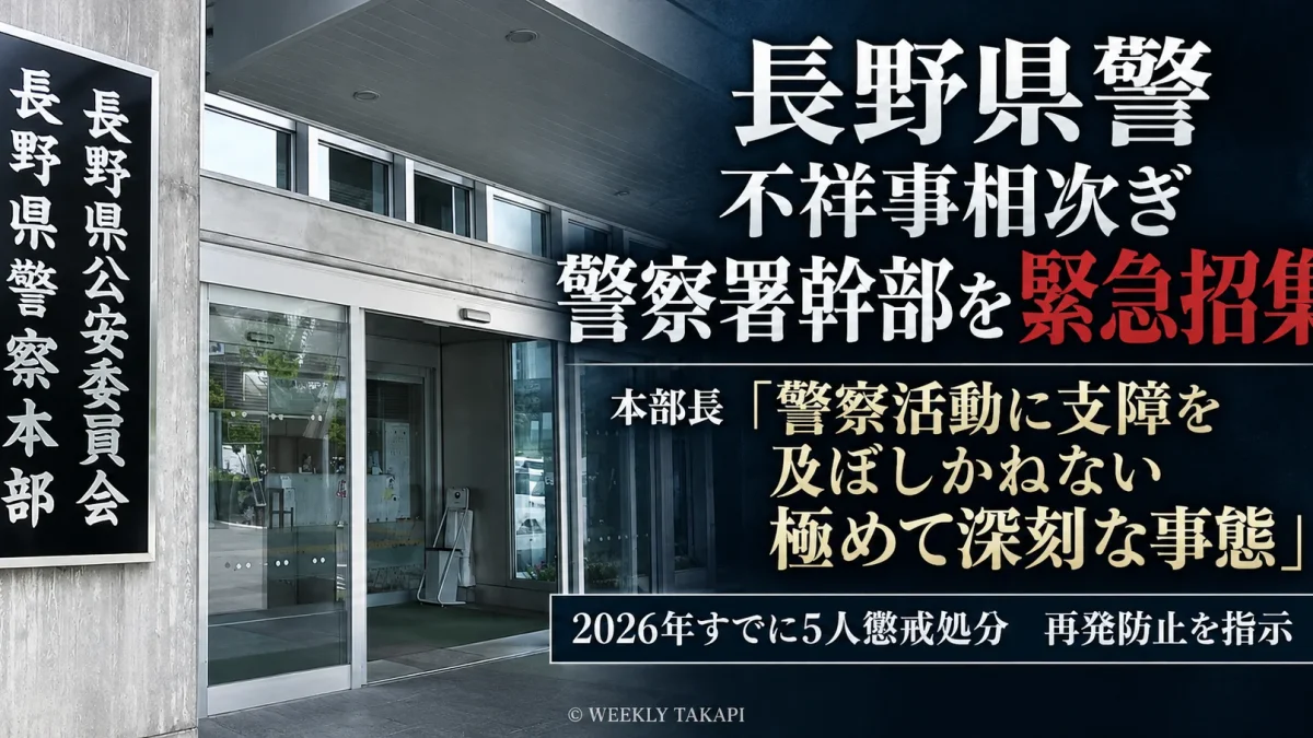 長野県警が職員による不祥事の相次ぐ事態を受けて県内警察署の幹部らを緊急招集し、再発防止を指示したことを伝える週刊TAKAPIの報道アイキャッチ
