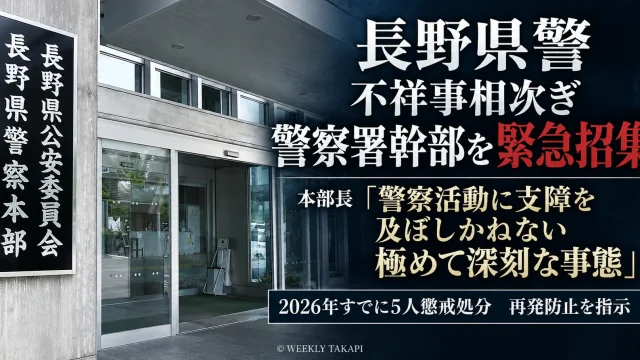 長野県警が職員による不祥事の相次ぐ事態を受けて県内警察署の幹部らを緊急招集し、再発防止を指示したことを伝える週刊TAKAPIの報道アイキャッチ