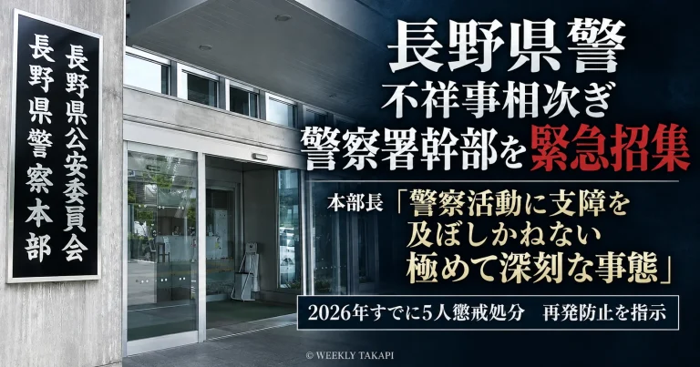 長野県警が職員による不祥事の相次ぐ事態を受けて県内警察署の幹部らを緊急招集し、再発防止を指示したことを伝える週刊TAKAPIの報道アイキャッチ