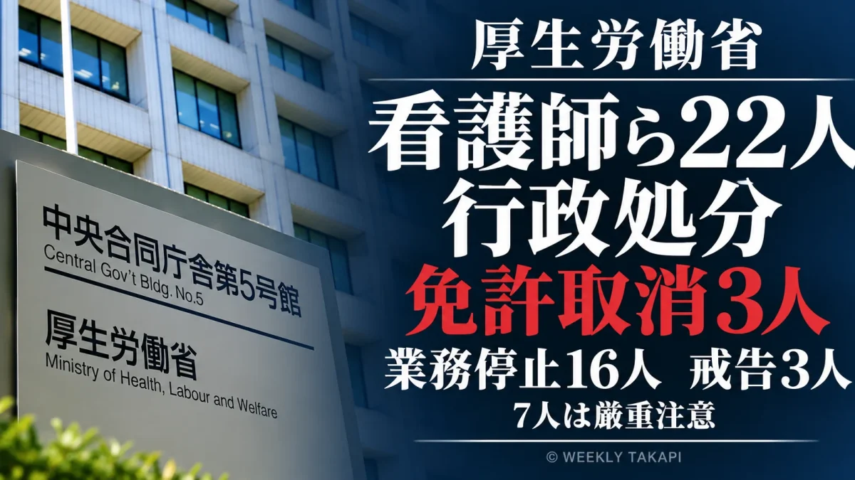 厚生労働省が保健師・助産師・看護師ら22人を行政処分とし、免許取消3人、業務停止16人、戒告3人としたことを伝える週刊TAKAPIの報道アイキャッチ