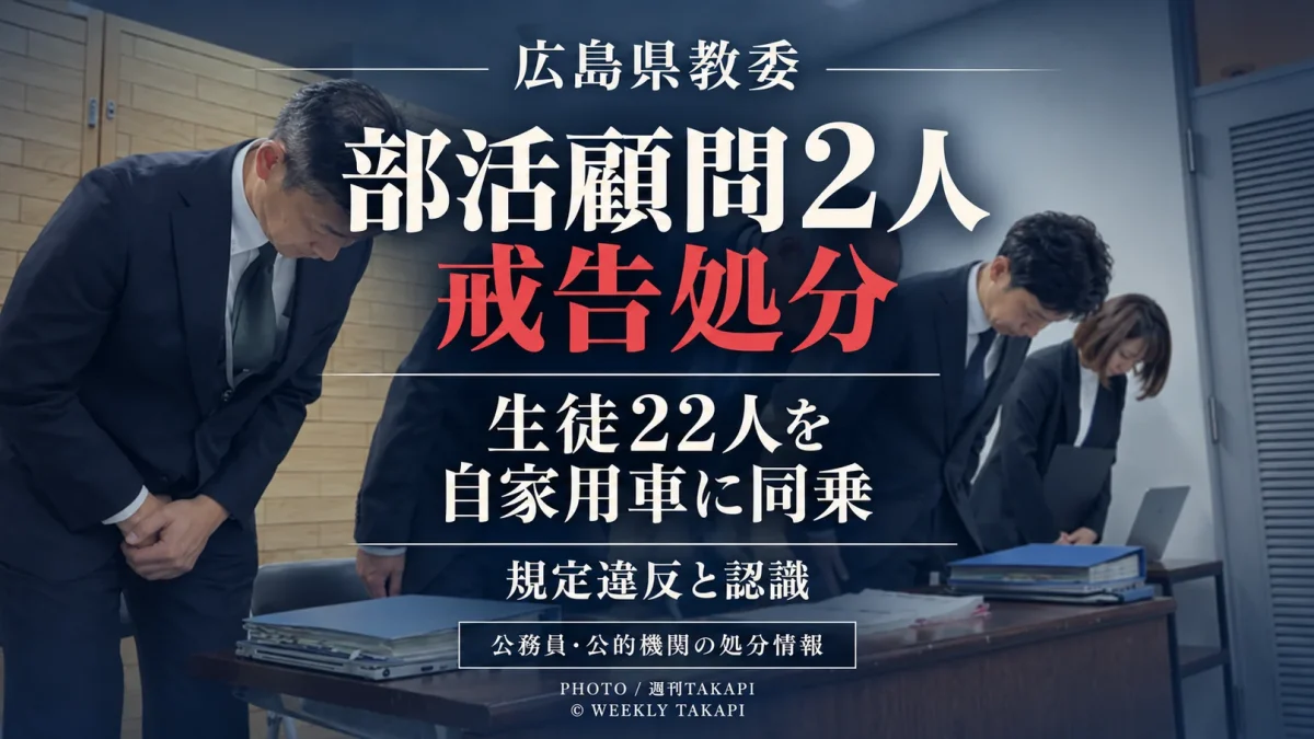 広島県教育委員会が部活動の引率で生徒計22人を自家用車に乗せた県立高校の男性教諭2人を戒告の懲戒処分としたニュースを伝える週刊TAKAPIのアイキャッチ