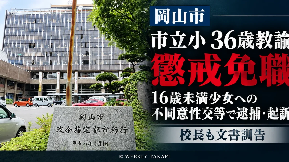 岡山市教育委員会が16歳未満の少女への不同意性交等の罪で起訴された市立小学校の36歳男性教諭を懲戒免職とし、校長も文書訓告となった事案を伝える週刊TAKAPIの報道アイキャッチ