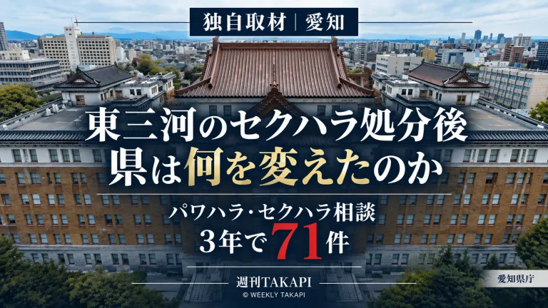 愛知県東三河農林水産事務所のセクハラ懲戒処分後の対応と3年間のパワハラ・セクハラ相談71件を伝える週刊TAKAPIの報道画像