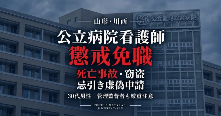 公立置賜総合病院の30代男性看護師が死亡交通事故や窃盗、忌引き休暇の虚偽申請をめぐり懲戒免職となったことを伝える週刊TAKAPIの報道アイキャッチ