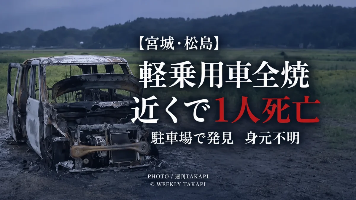 宮城県松島町磯崎西ノ浜の駐車場で軽乗用車が全焼し近くで1人が死亡しているのが見つかった事案