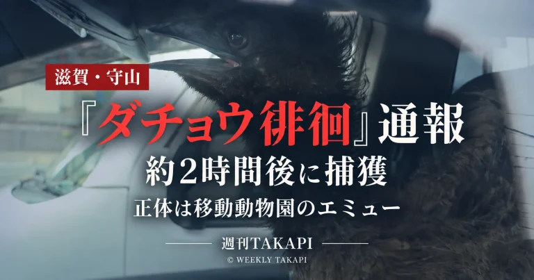 滋賀県守山市で移動動物園のエミューが脱走し「ダチョウが徘徊している」と通報された出来事を伝える報道画像