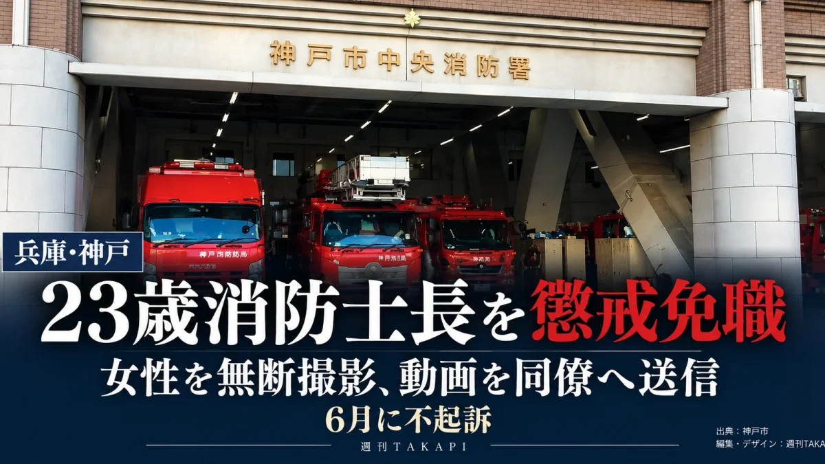 神戸市消防局中央消防署の23歳男性消防士長が、裸で寝ていた女性を同意なく撮影し動画を同僚職員へ送信したとして懲戒免職となった事案を伝える週刊TAKAPIの報道アイキャッチ