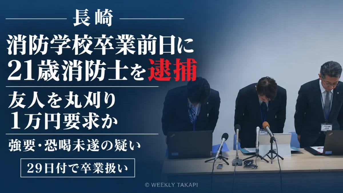 長崎市消防局の21歳消防士が友人男性に丸刈りを迫り現金を要求したとして強要と恐喝未遂の疑いで逮捕・送検された事件を伝える週刊TAKAPIの報道アイキャッチ