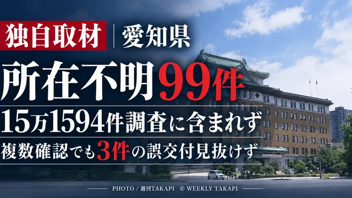 愛知県精神保健福祉センターで申請書類233件が紛失し、所在不明99件が15万1594件調査に含まれていなかった問題を伝える週刊TAKAPI独自取材