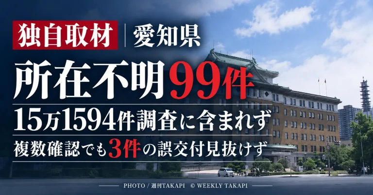 愛知県精神保健福祉センターで申請書類233件が紛失し、所在不明99件が15万1594件調査に含まれていなかった問題を伝える週刊TAKAPI独自取材