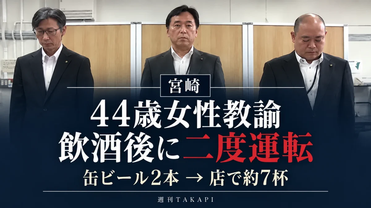 宮崎市内の小学校に勤務していた44歳女性教諭が、自宅で缶ビール2本を飲んで車で飲食店へ向かい、さらに生ビール約7杯を飲んだ後に再び運転した飲酒運転事案を伝える週刊TAKAPIの報道アイキャッチ