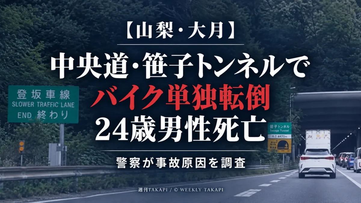 山梨県大月市の中央道上り線・笹子トンネルでバイクが単独転倒し、川崎市の24歳男性が死亡した事故を伝える報道画像