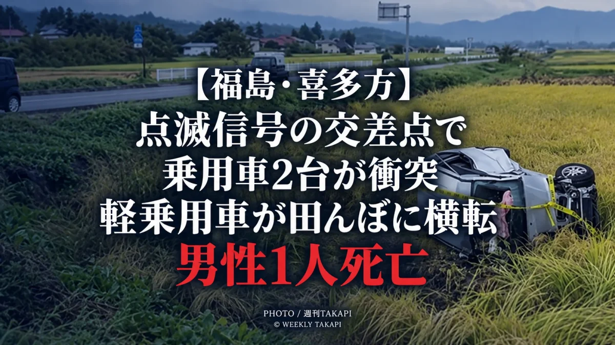 福島県喜多方市の点滅信号の交差点で普通乗用車と軽乗用車が衝突し、軽乗用車が田んぼに横転して男性運転手が死亡した事故を伝える報道画像